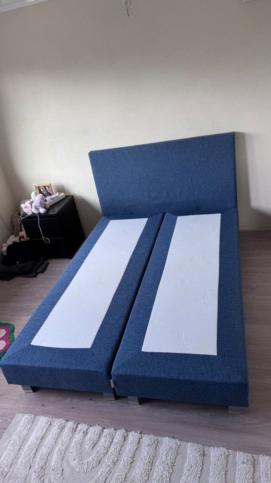 Mooie Mia Dormio boxspring 140x200cm - Blauwachtige stof, Ophalen, Blauw, Tweepersoons, 140 cm