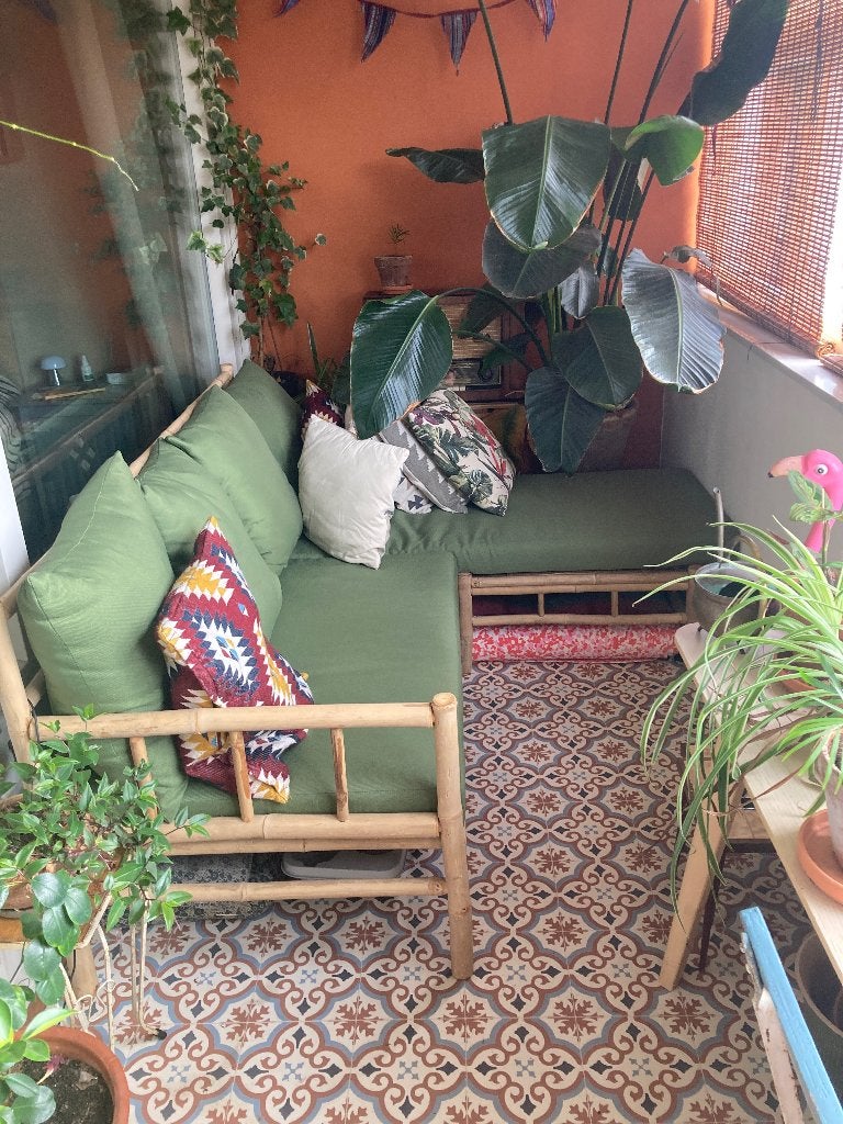 Bamboe loungebank met groene kussens, Ophalen, Zo goed als nieuw, Overige materialen