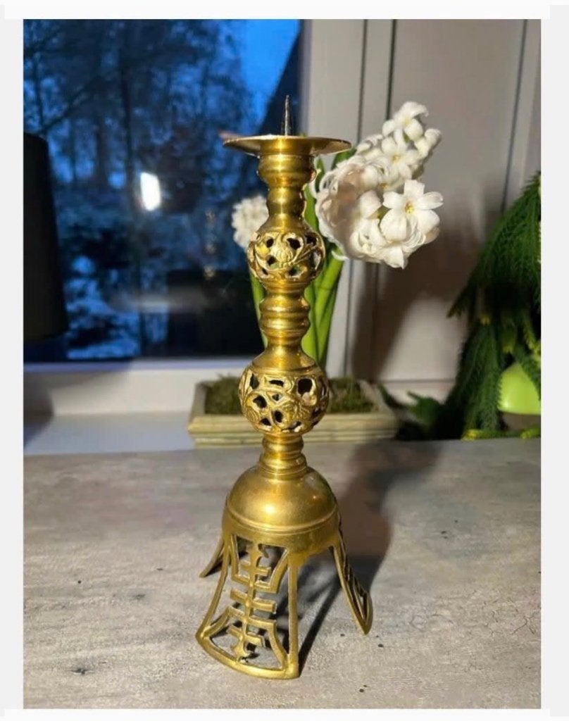 Antieke Koperen Kandelaar met Sierlijk en chinese tekens, Ophalen of Verzenden, X, Kandelaar, X
