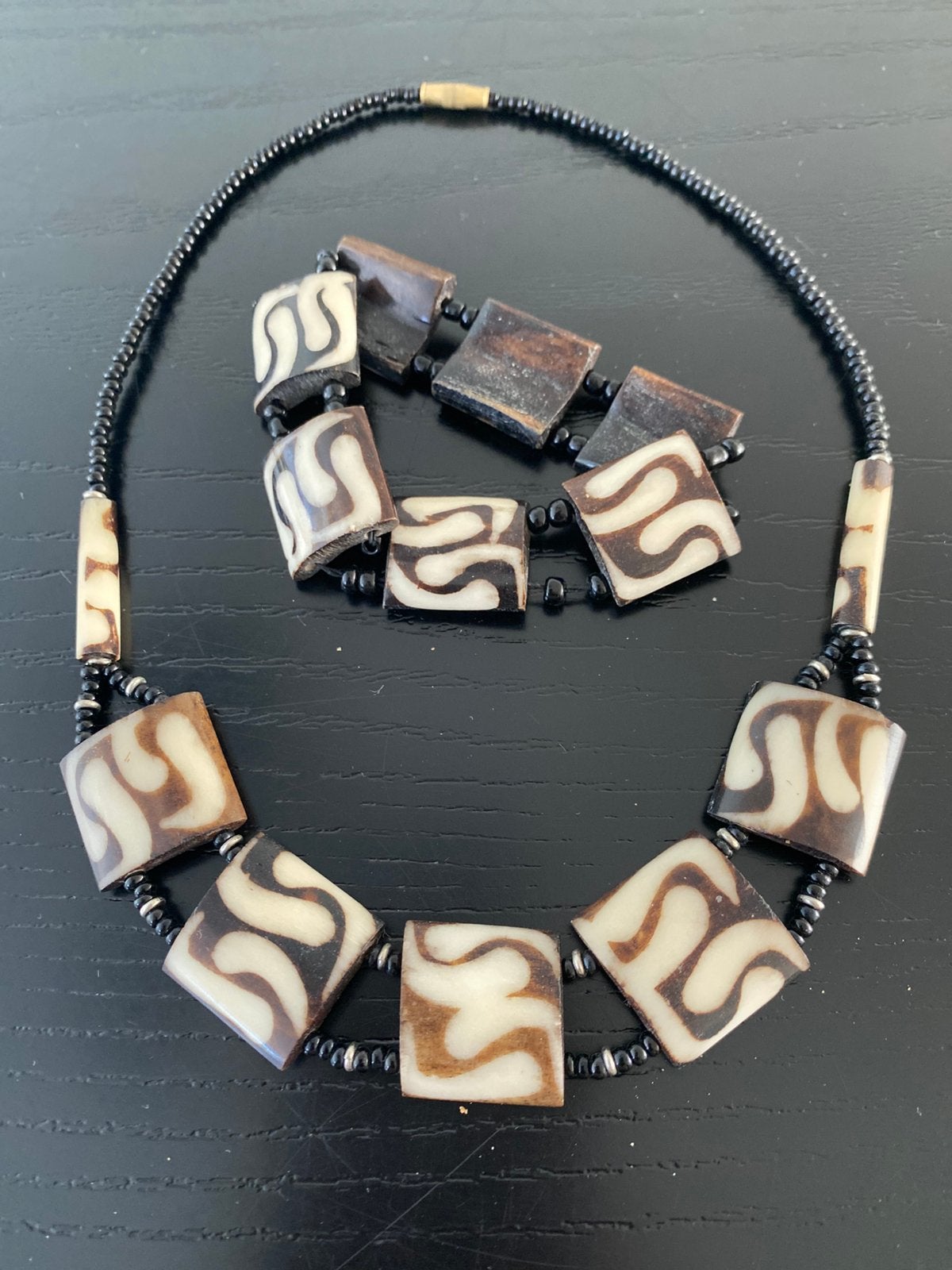 Vintage ketting & armband -Set Afrikaanse batik botkralen, Ophalen of Verzenden, Zo goed als nieuw, Overige materialen