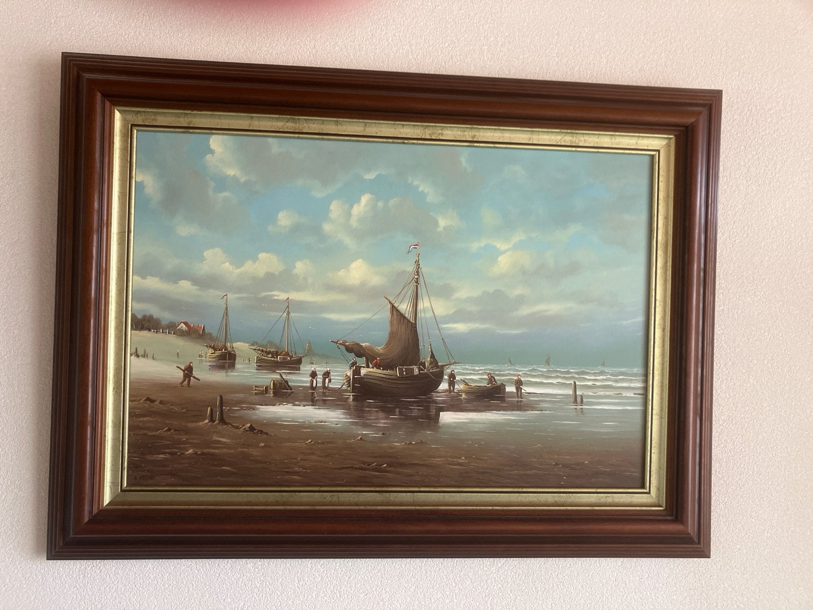 Schilderij K. Beitzer - Vissersboten op het strand, Antiek en Kunst, Kunst | Schilderijen | Klassiek, Ophalen
