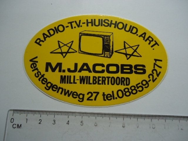 sticker oud M JACOBS MILL Wilbertoord radio tv winkel retro, Verzenden, Zo goed als nieuw, Bedrijf of Vereniging