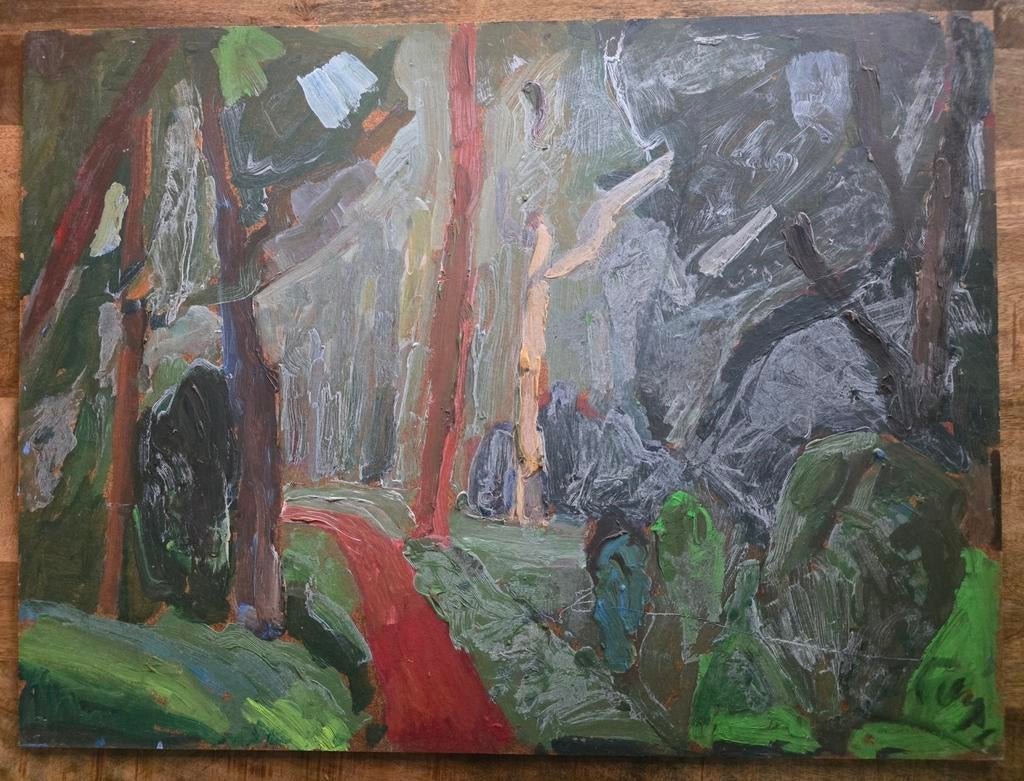 Schilderij P.C. Kuiper - Boslandschap met rood pad (De Ploeg, Ophalen of Verzenden