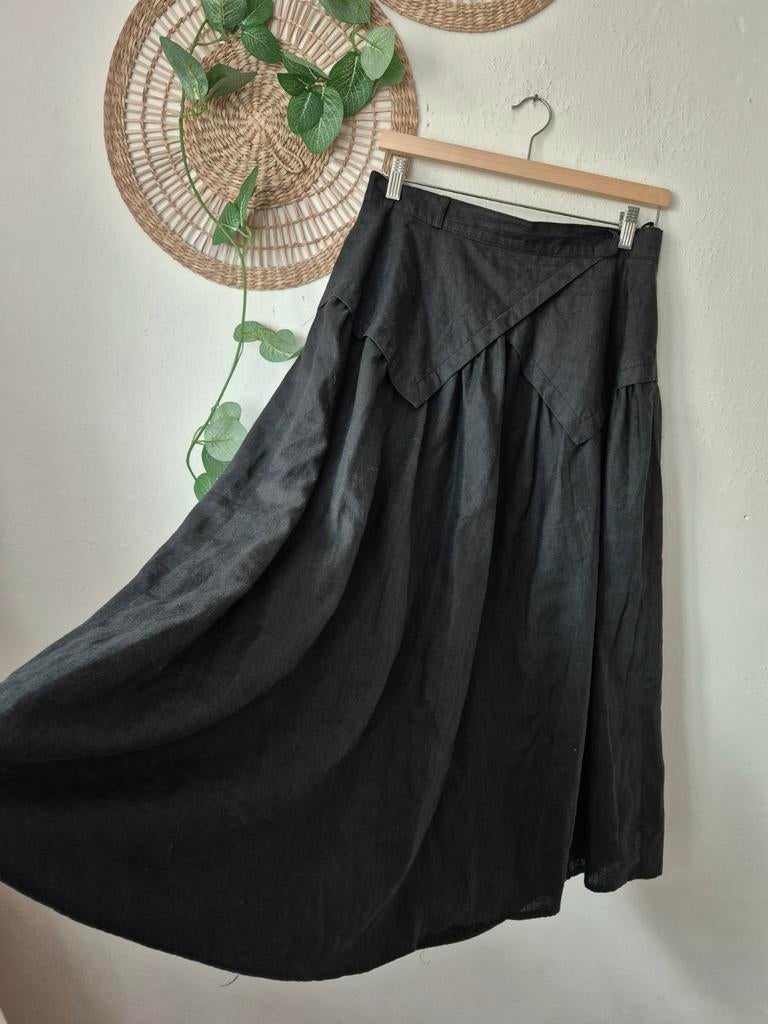 Vintage diepzwarte 80s linnenmix rok M/L, Kleding | Dames, Maat 38/40 (M), Zwart, Ophalen of Verzenden, Zo goed als nieuw