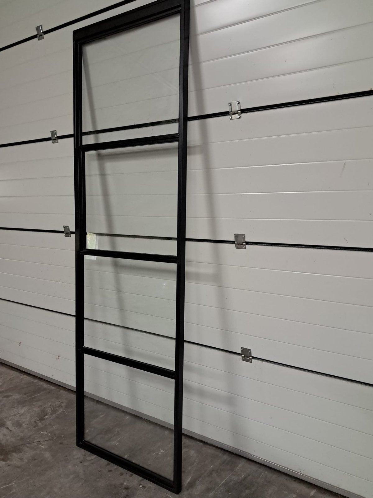 Stalen schuifdeur met glas en ophangsysteem, Ophalen, Gebruikt, 80 tot 100 cm, 215 cm of meer