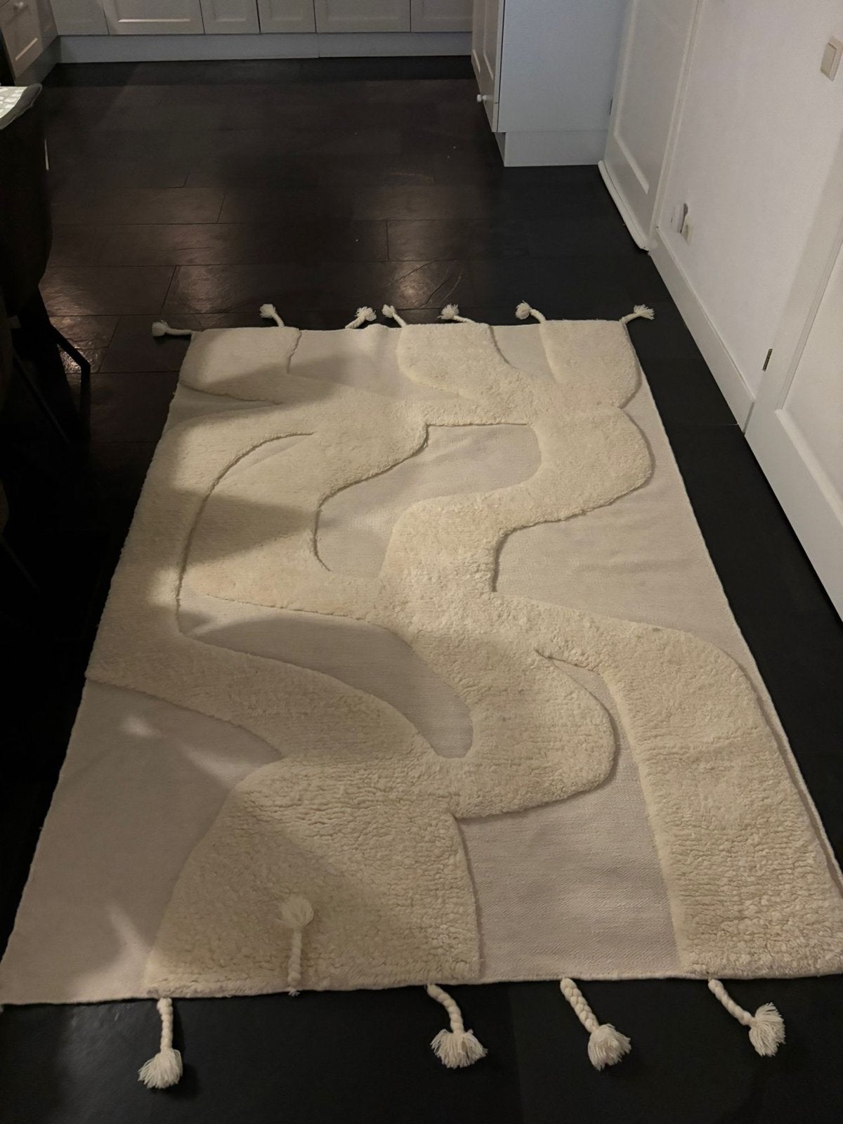 Crème vloerkleed met abstract patroon en kwastjes Wehkamp, Ophalen, Japandi, 100 tot 150 cm, Crème