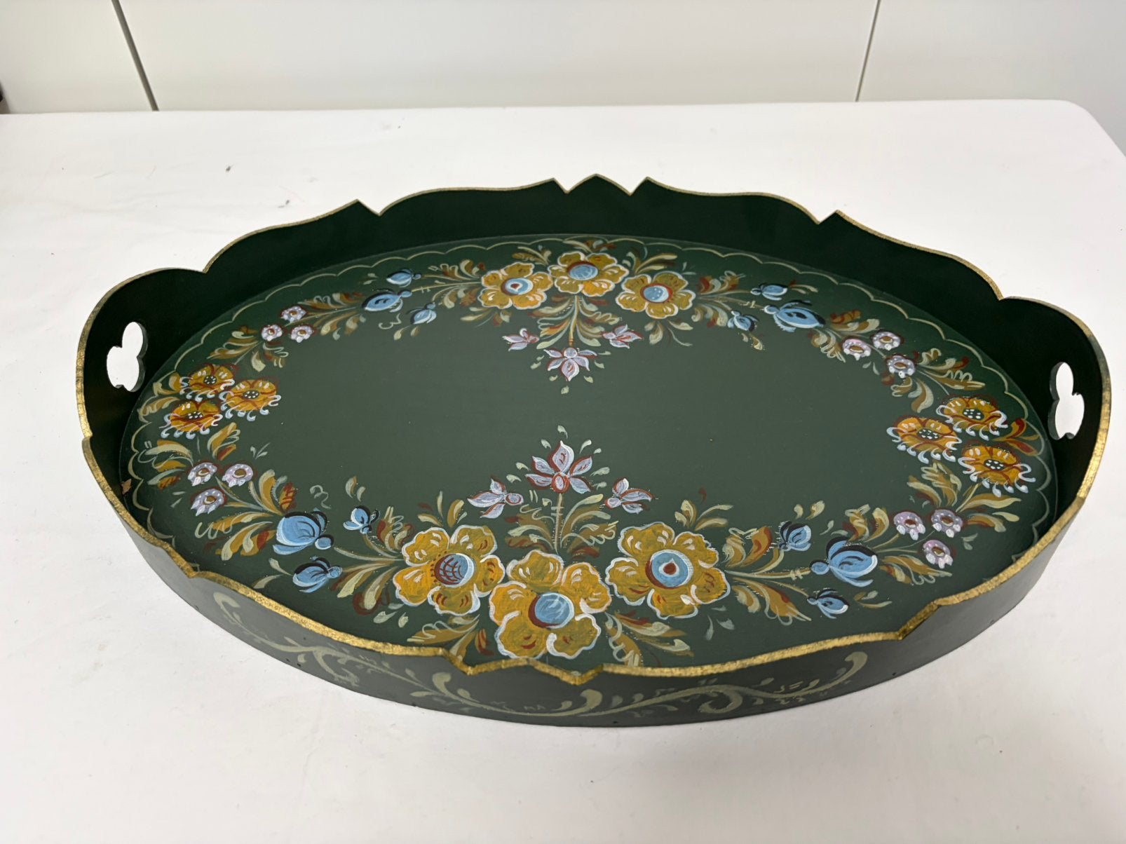 Vintage Groen Dienblad met Bloemmotief hindelooper, Huis en Inrichting, Woonaccessoires | Dienbladen, Zo goed als nieuw, Hout