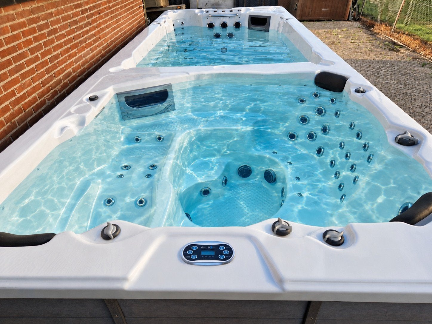Dubbele/Duo Zwemspa met Jazuzzi gedeelte Sunspa Melbourne, Tuin en Terras, Ophalen of Verzenden, Gebruikt, Trap, Vast