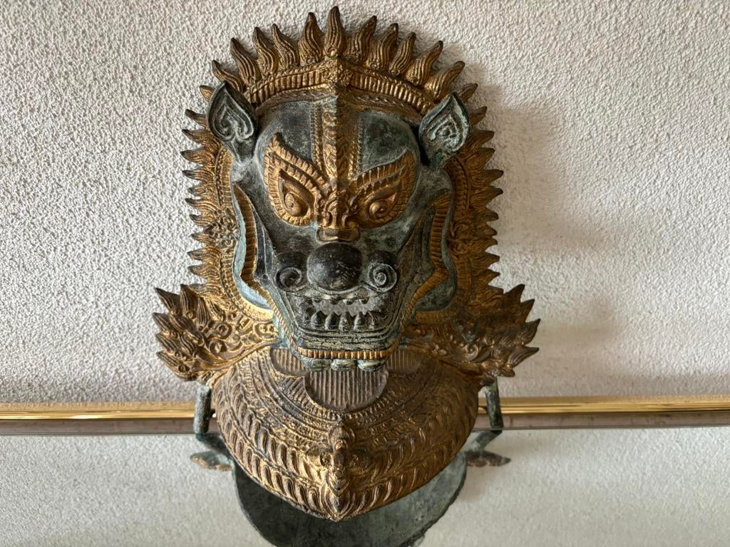 Bronzen beeld Thaise/Khmer Singha Leeuw Tempelwachter, Ophalen, 20 - 50 cm, Beeld, Goud
