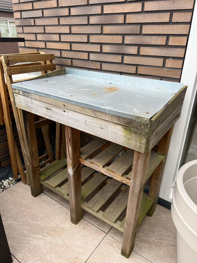 Oppottafel Florine met zinken blad van Praxis - Gebruikt, Tuin en Terras, Tuintafels, Gebruikt, Rechthoekig, Hout, Ophalen