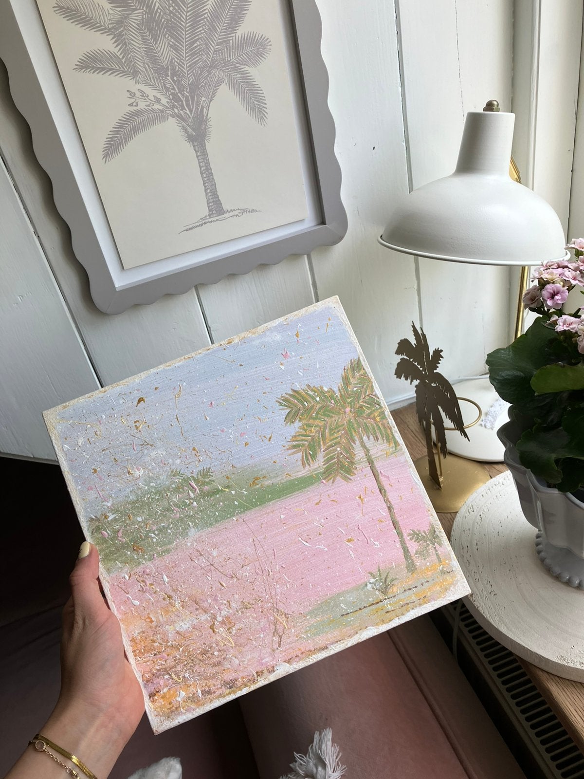 Handgeschilderde palmboom schilderij pastel tinten, Ophalen of Verzenden