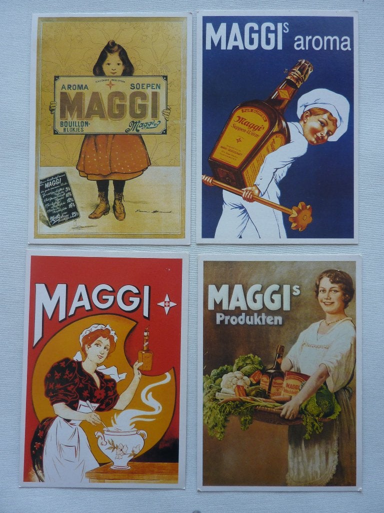 4 Maggi reclame ansicht ongelopen kaarten 4x maggi produkten, Verzenden, 1980 tot heden, Ongelopen, Ambachten of Beroep