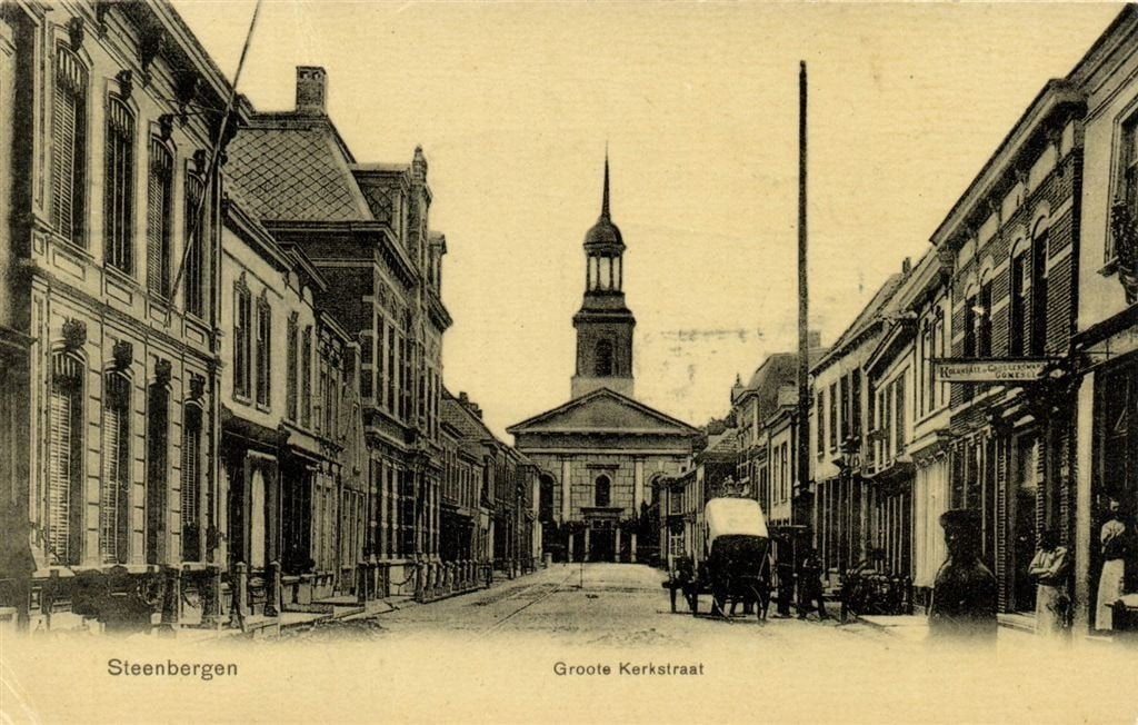 Steenbergen - Groote Kerkstraat - 1908 gelopen, Verzamelen, Ansichtkaarten | Nederland, Verzenden, Voor 1920, Gelopen, Noord-Brabant