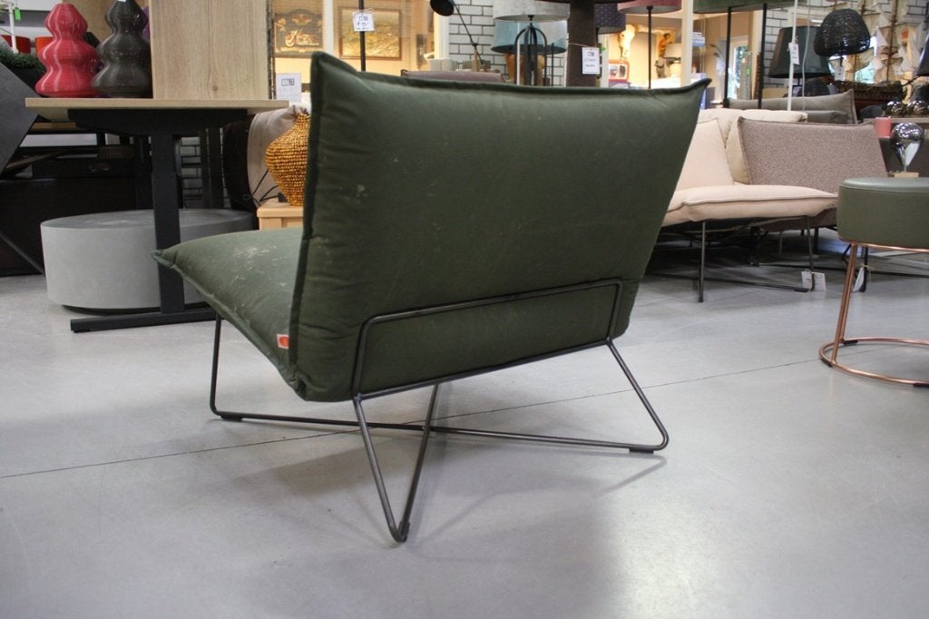 Stoere fauteuil EARL Jess metaal canvas legertent legergroen, Huis en Inrichting, Fauteuils, Ophalen, 75 tot 100 cm, Zo goed als nieuw