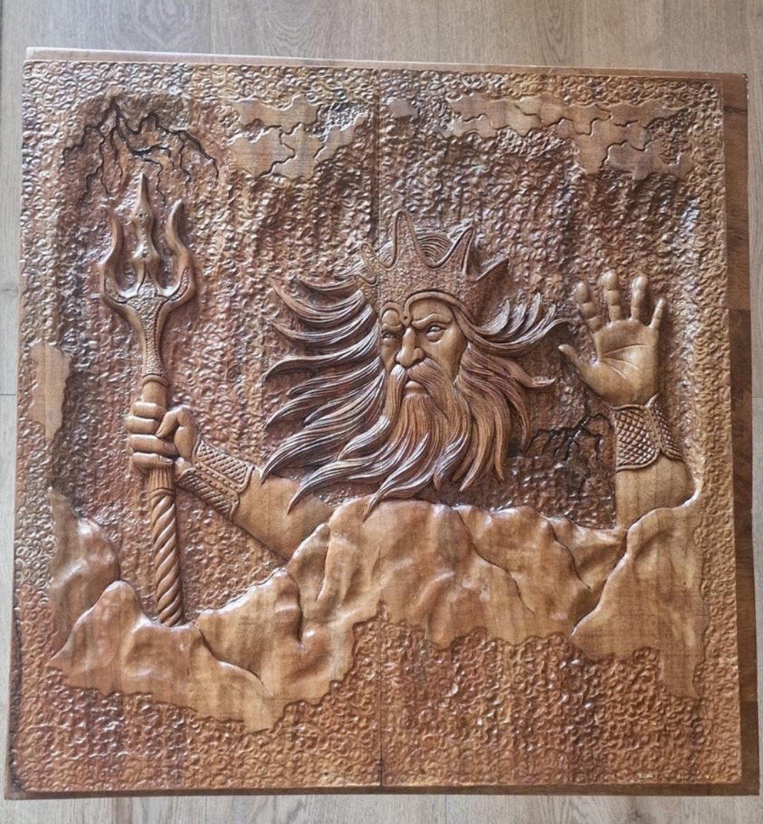 Backgamon spel en Houten wanddecoratie: Poseidon met drietan, Handgemaakt, Hout, Bruin, Azië