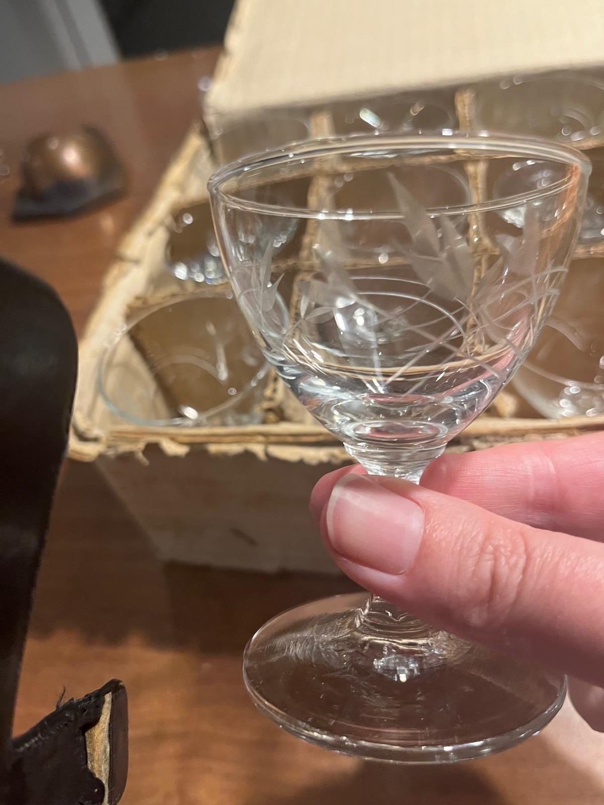 Set van 12 vintage borrelglaasjes met gravure in doos, Ophalen of Verzenden