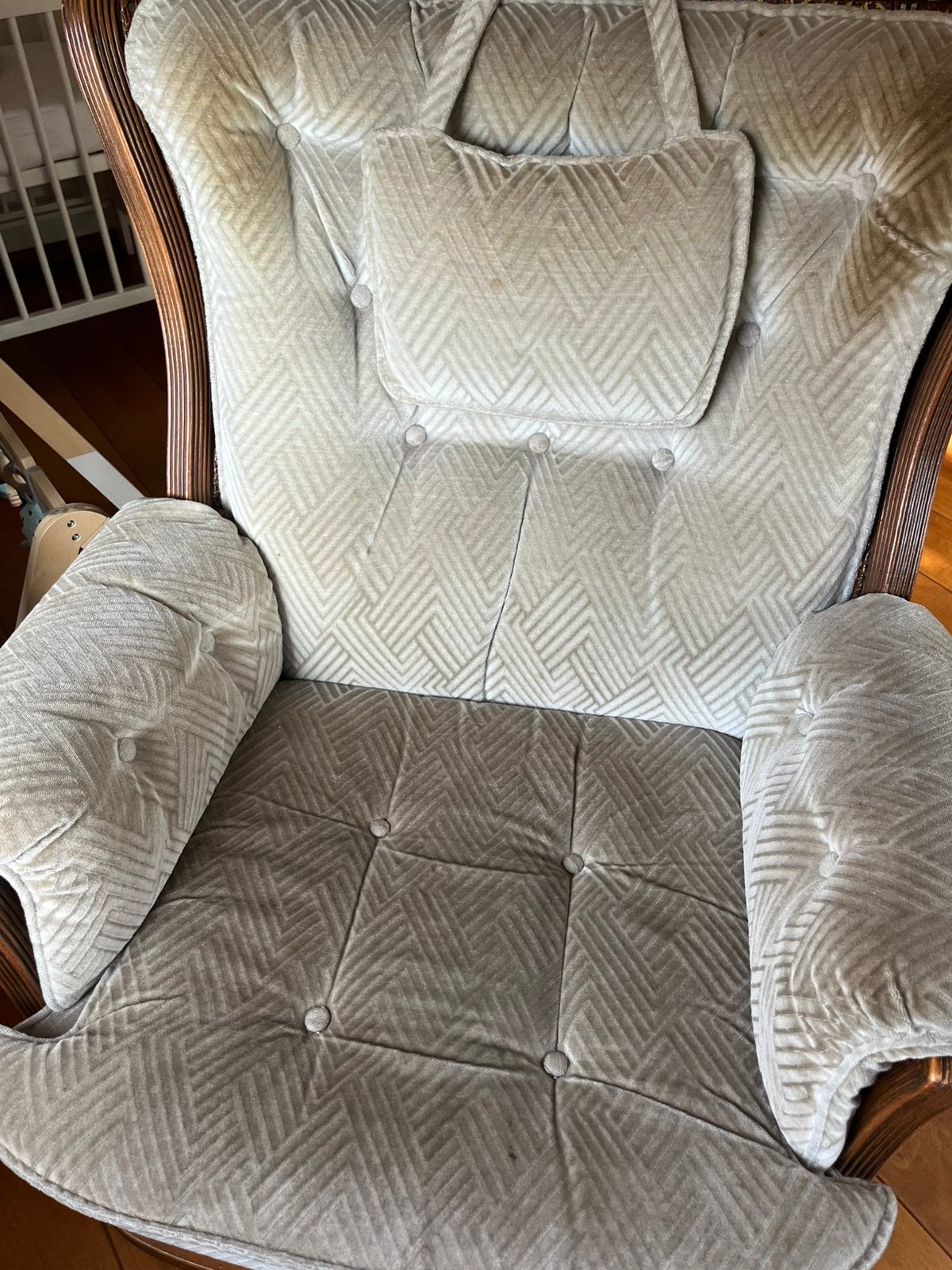 Fauteuil met stoffen bekleding en webbing, Ophalen, Hout, Gebruikt, 75 tot 100 cm