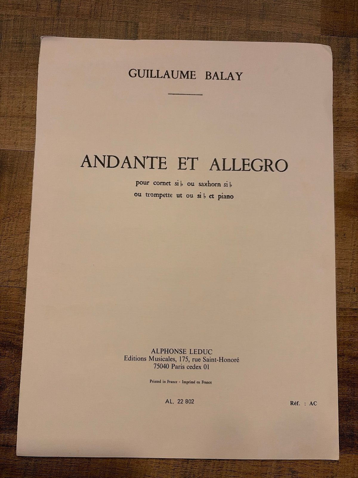 Guillaume Balay - Andante et Allegro (Bladmuziek), Gebruikt, Klassiek, Ophalen of Verzenden, Artiest of Componist