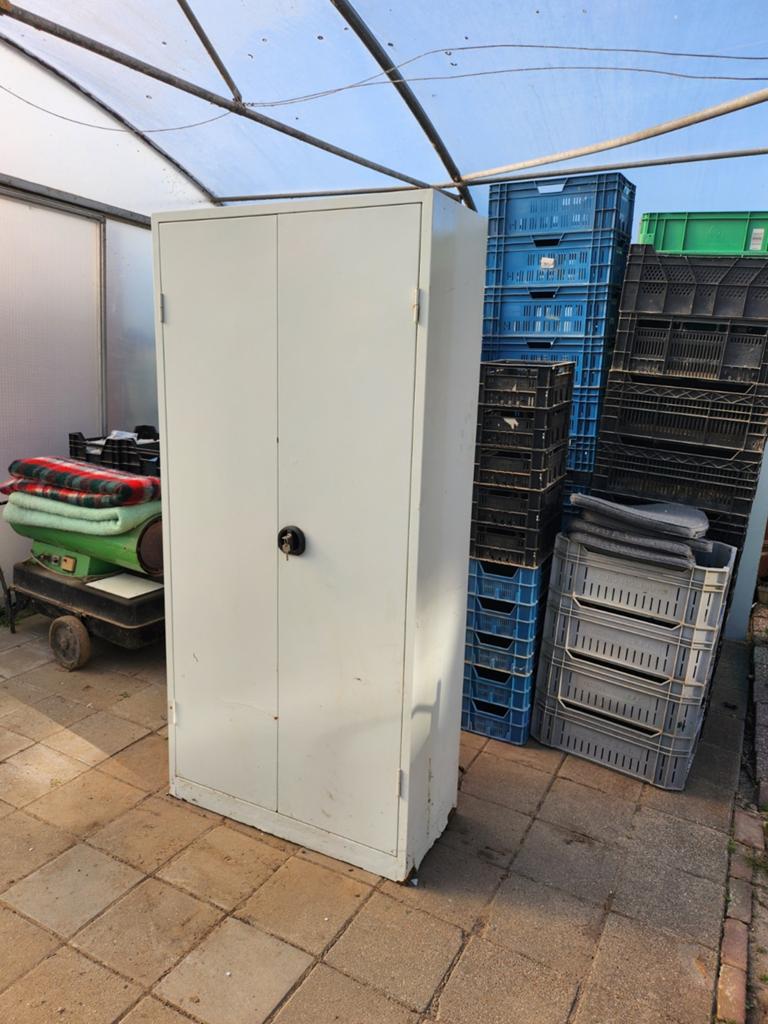 Ijzeren tweedeurskast, Tuin en Terras, Ophalen of Verzenden, Gebruikt, Metaal, Overige typen