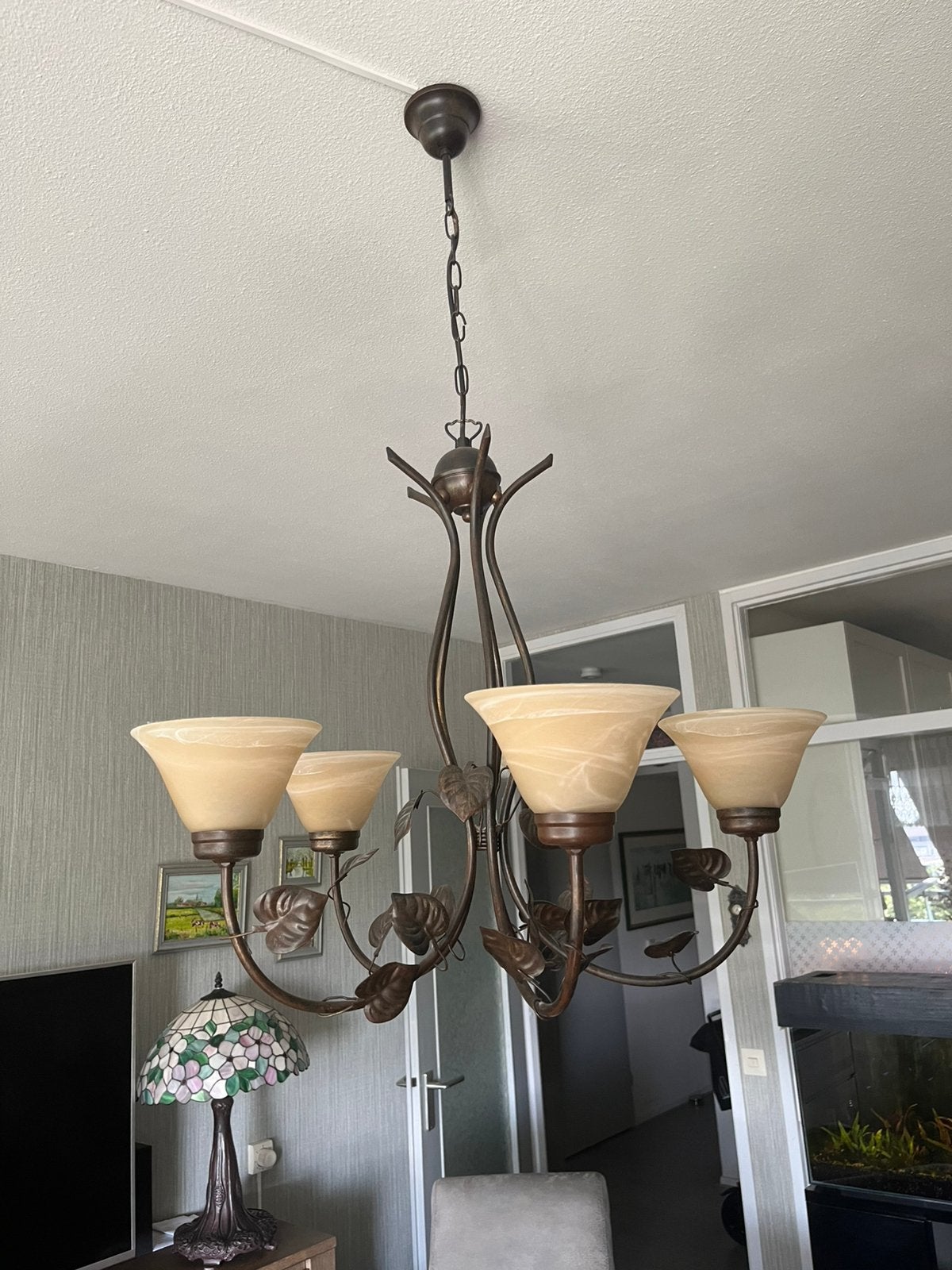 Kroonluchter met 5 kelken., Ophalen, Zo goed als nieuw, Glas, E14 (klein)