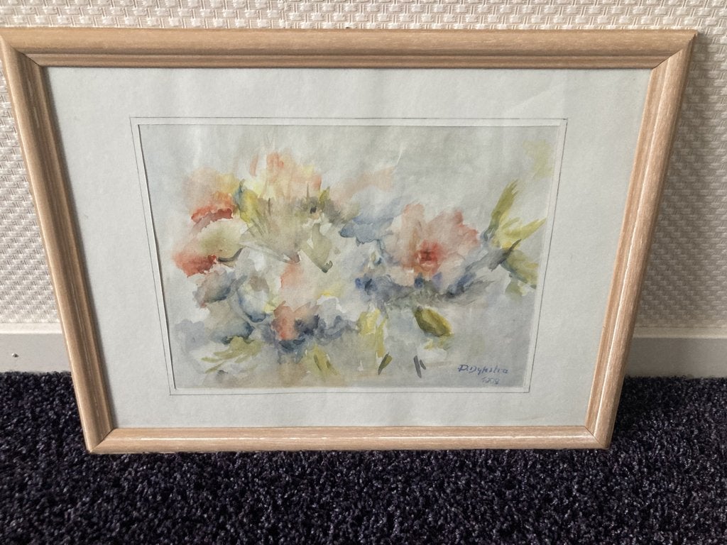 schilderij aquarel bloemen in lijst, Minder dan 50 cm, Oorspronkelijke maker, Ophalen of Verzenden, Zo goed als nieuw