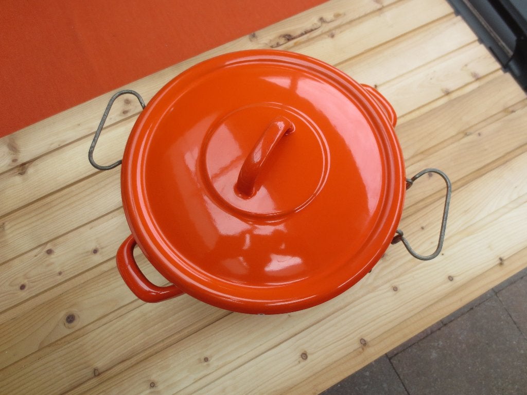 Vintage emaille frituurpan met mandje, 2 tot 3 liter, Ophalen of Verzenden, Gebruikt