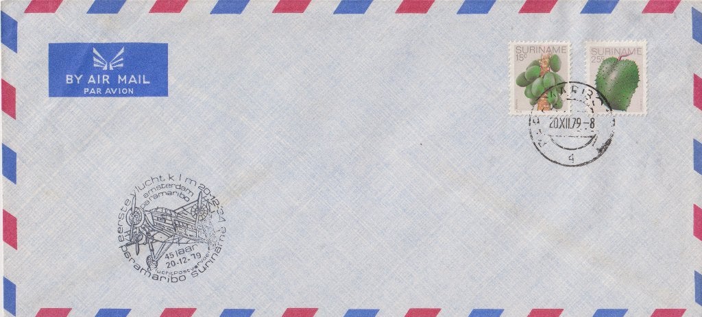 Suriname><A'dam 1979 Lp 45 j 1e vlucht KLM vliegtuig2 Vrucht, Postzegels en Munten, Verzenden, Envelop