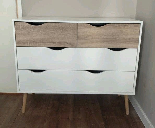 Commode met 4 lades - Wit met houtaccenten, Huis en Inrichting, Ophalen, 50 tot 100 cm, Zo goed als nieuw, 3 of 4 laden