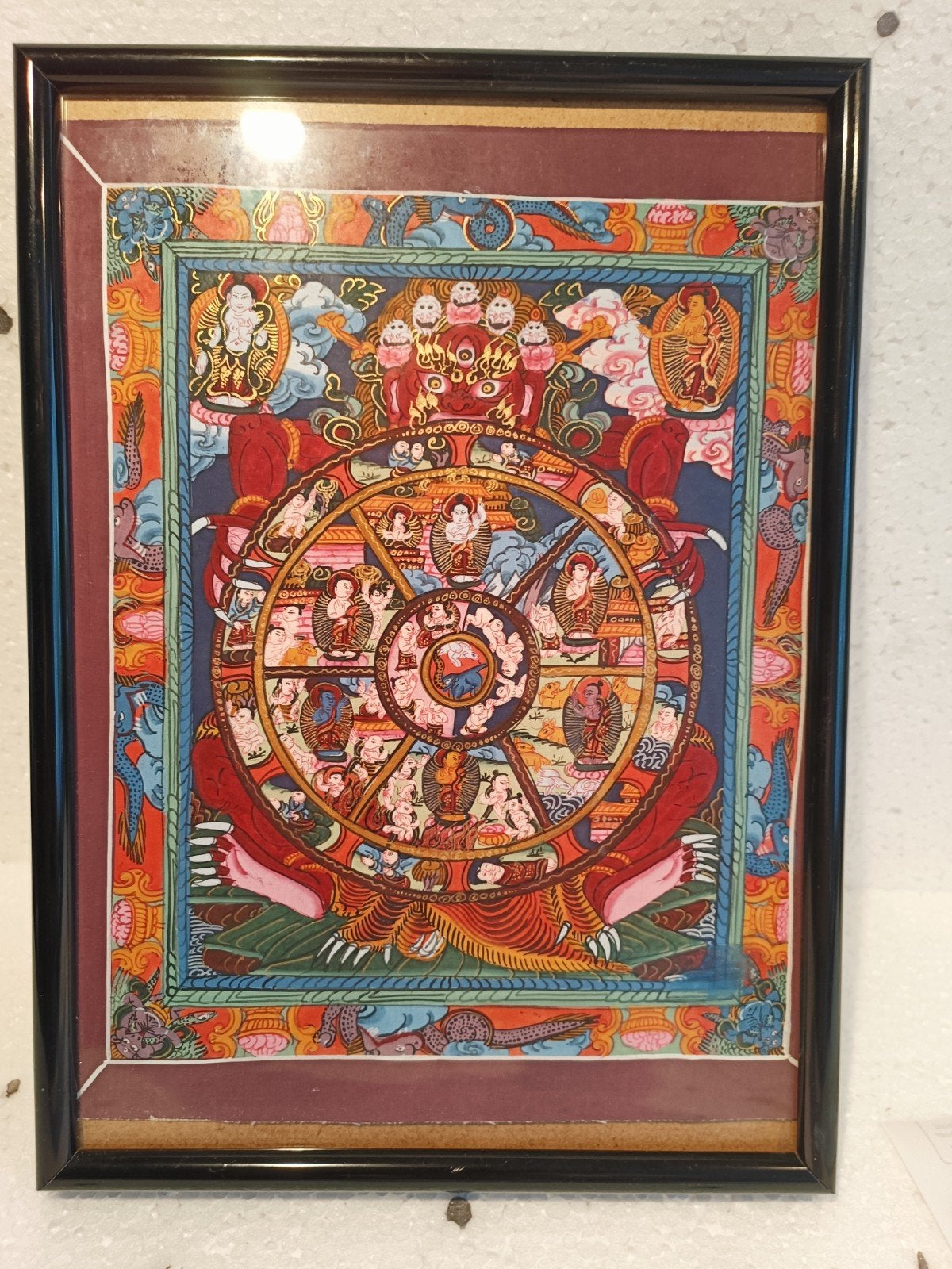 Levenswiel Thangka 22x25cm Tibetaans Boeddhistisch, Tibet, Ophalen of Verzenden, Handgemaakt, Meerkleurig