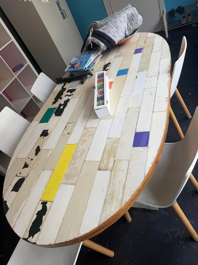 Ovale eettafel met uniek mozaïek blad, Ophalen, Gebruikt, 100 tot 150 cm, 150 tot 200 cm