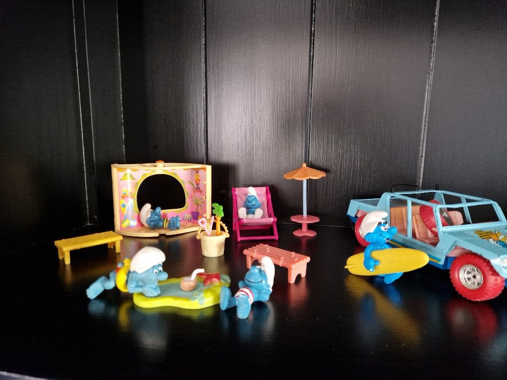 VINTAGE 1984 BBURAGO SMURFS LAMBORGHINI + Smurfen vakantie, Verzenden, Zo goed als nieuw, Verschillende Smurfen, Huisje of Attribuut
