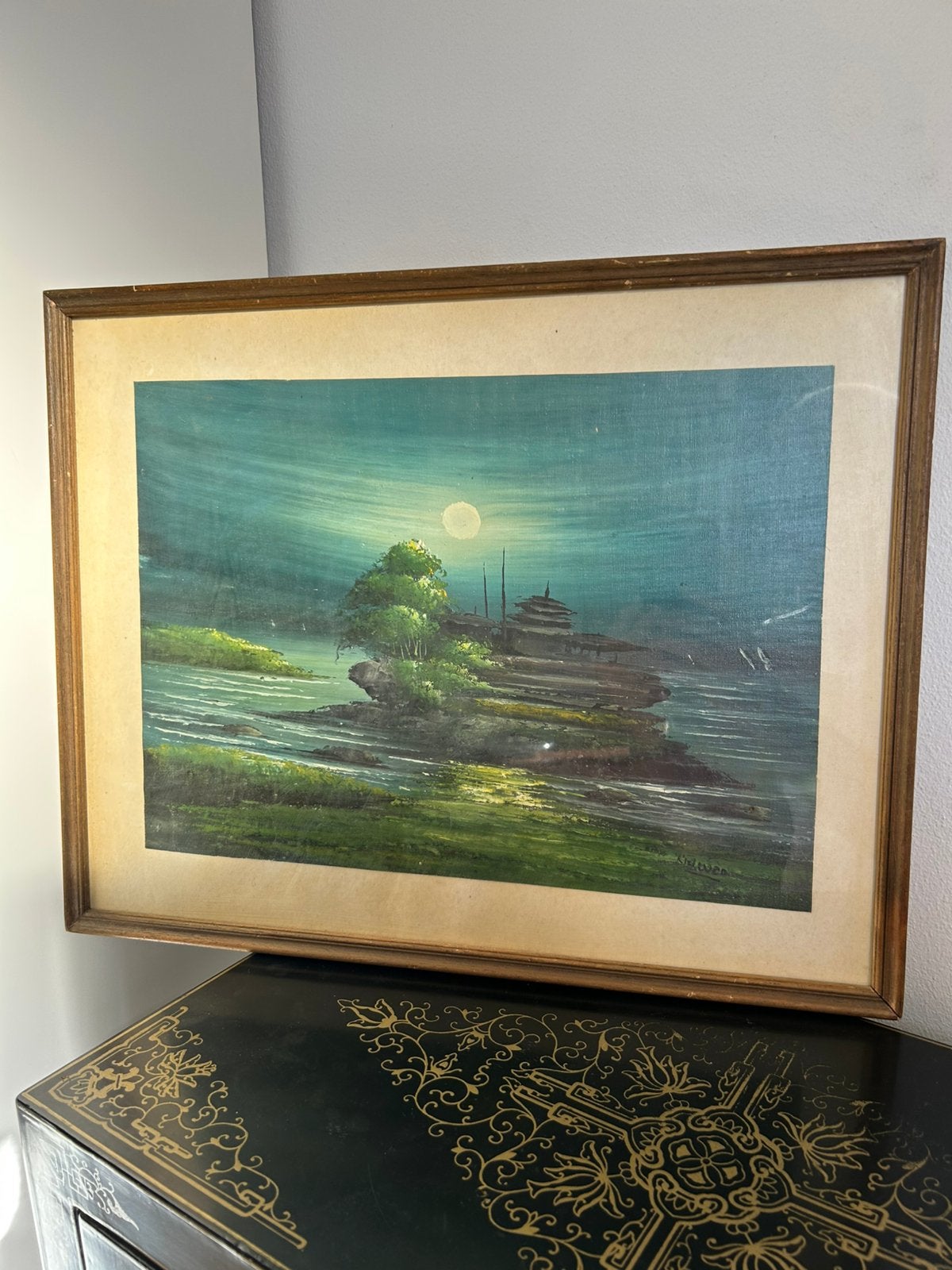 Olieverf schilderij van volle maan (purnama) boven Tanah Lot, Antiek en Kunst, Kunst | Schilderijen | Klassiek, Ophalen of Verzenden
