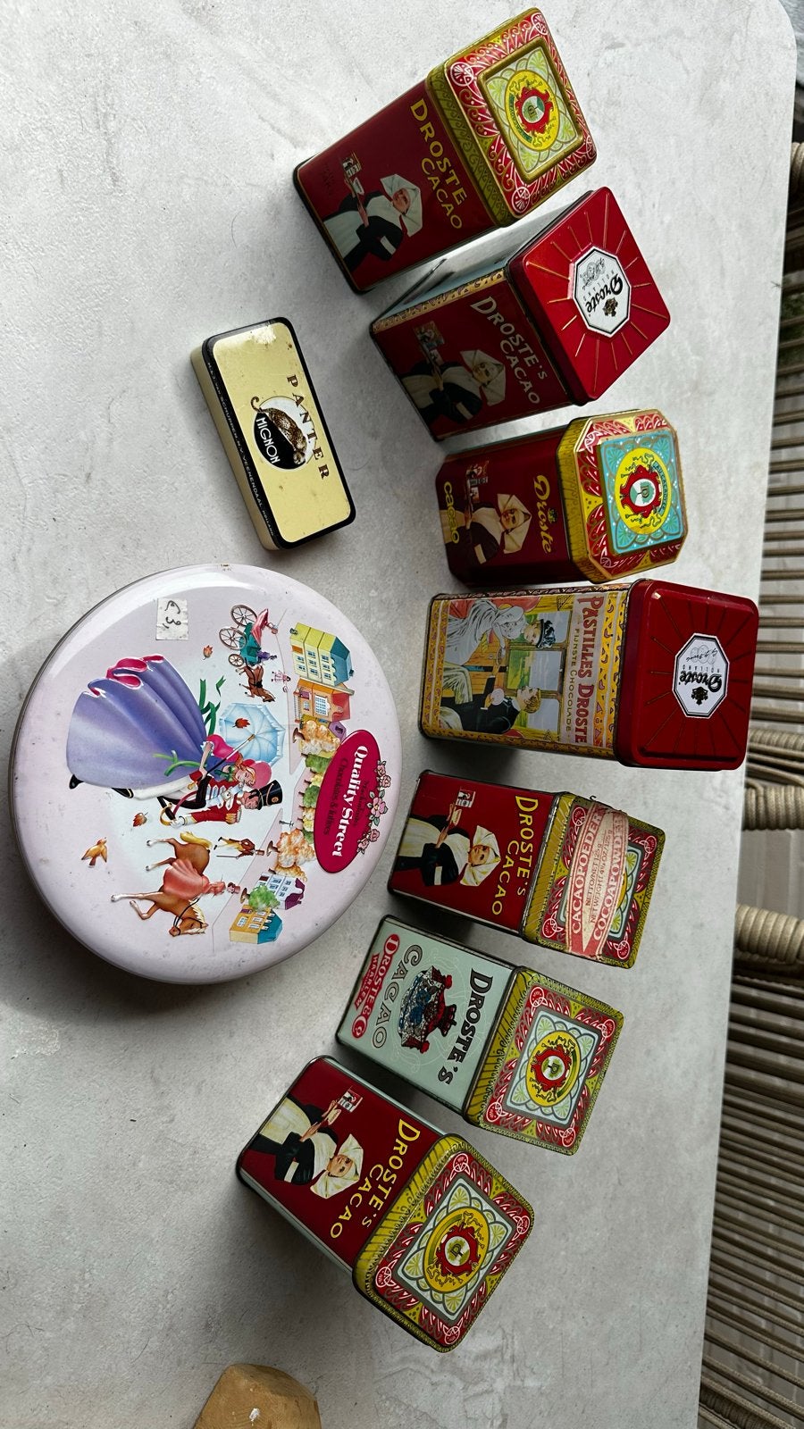 Vintage Droste Cacao blikjes en Quality street koekblik, Verzamelen, Blikken, Ophalen, Gebruikt, Overige, Droste