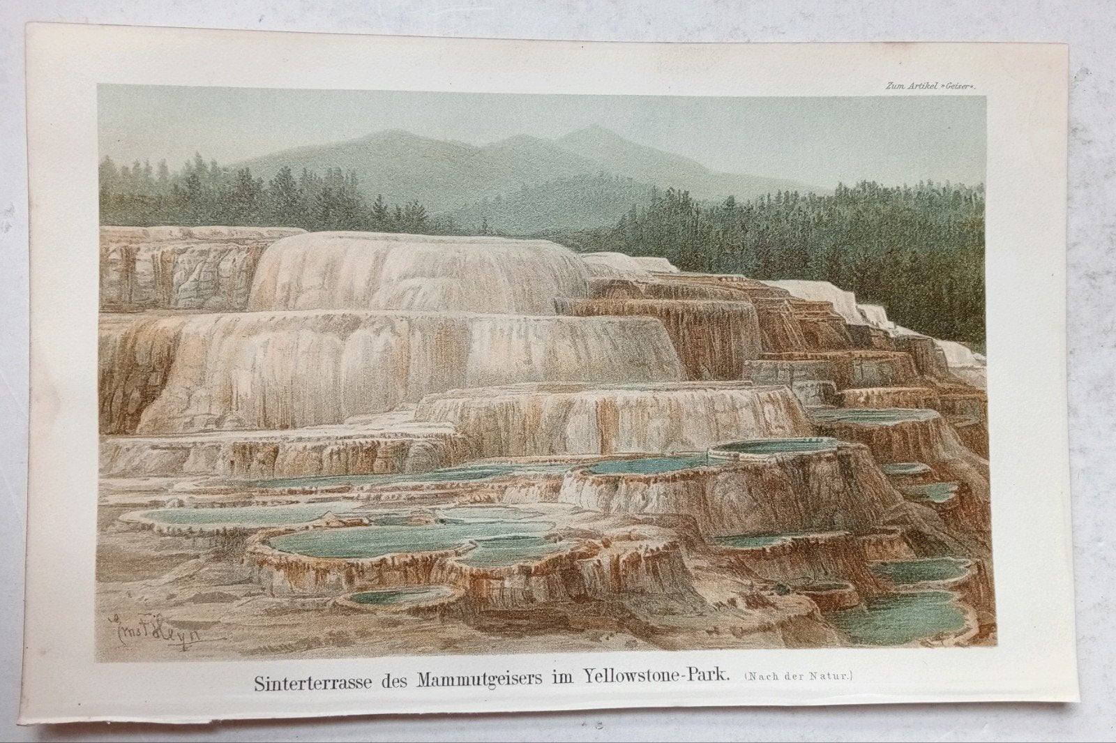 Ernst Heyn litho 1895 Yellowstone Geisers, Antiek en Kunst, Ophalen of Verzenden