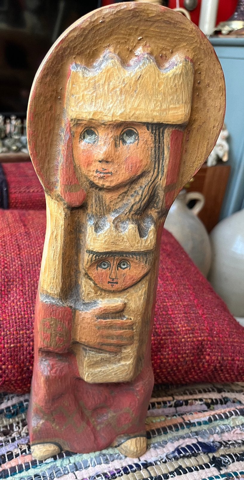 Houtsnijwerk en Beschilderde Maria met Kind Jezus, Antiek en Kunst, Ophalen of Verzenden