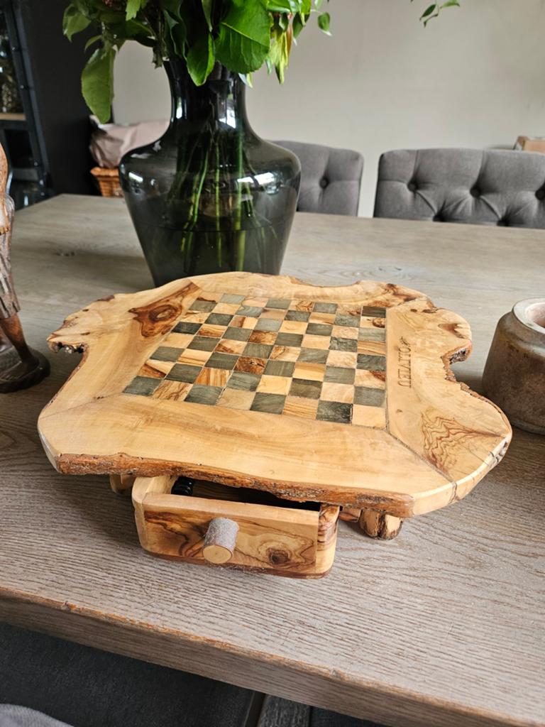 Handgemaakt olijfhouten schaakbord / decoratiestuk met lade, Ophalen of Verzenden, Zo goed als nieuw