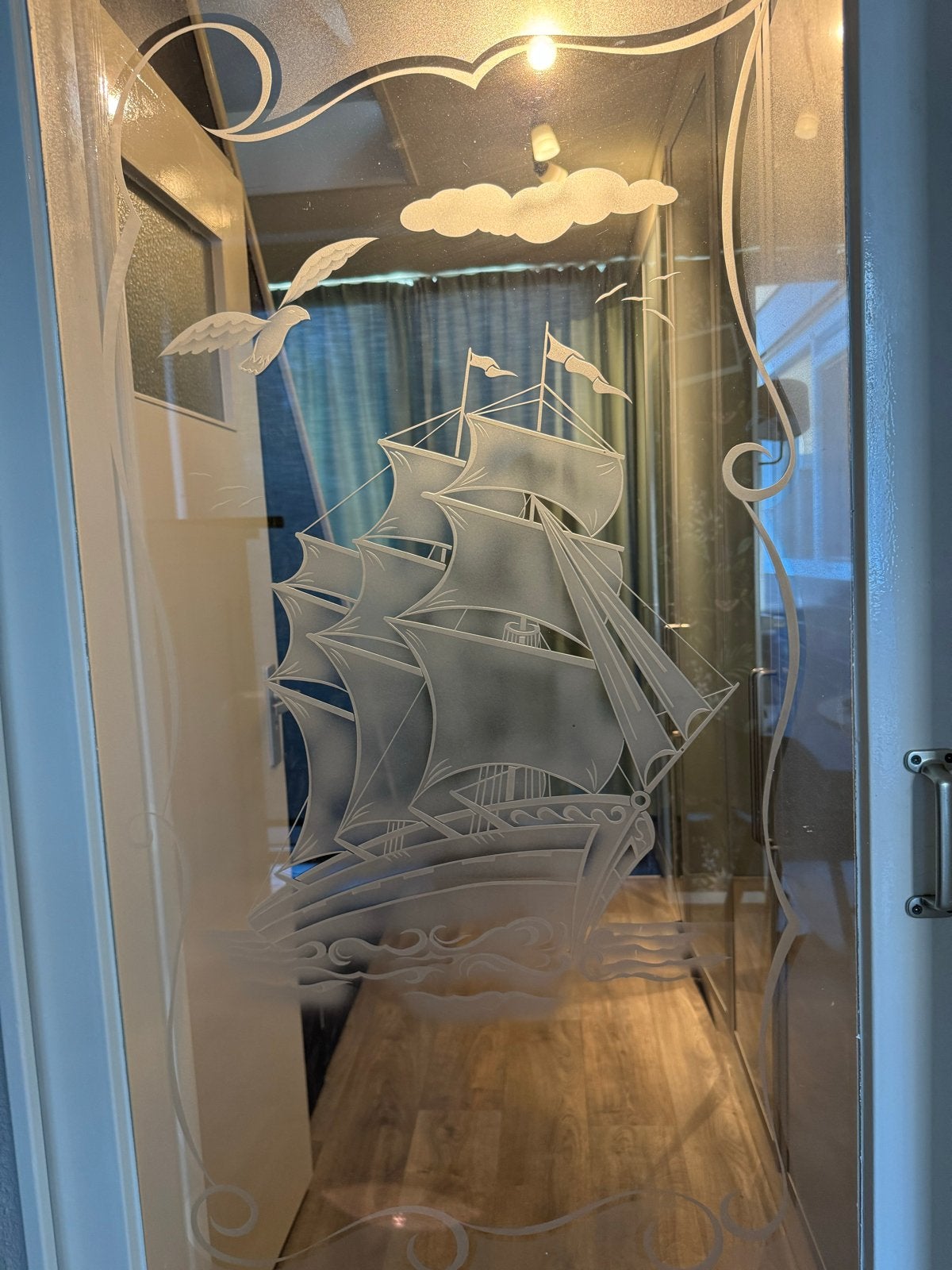 Glazen schuifdeur met scheepsmotief, Doe-het-zelf en Verbouw, Ophalen, Gebruikt, Minder dan 80 cm, Binnendeur
