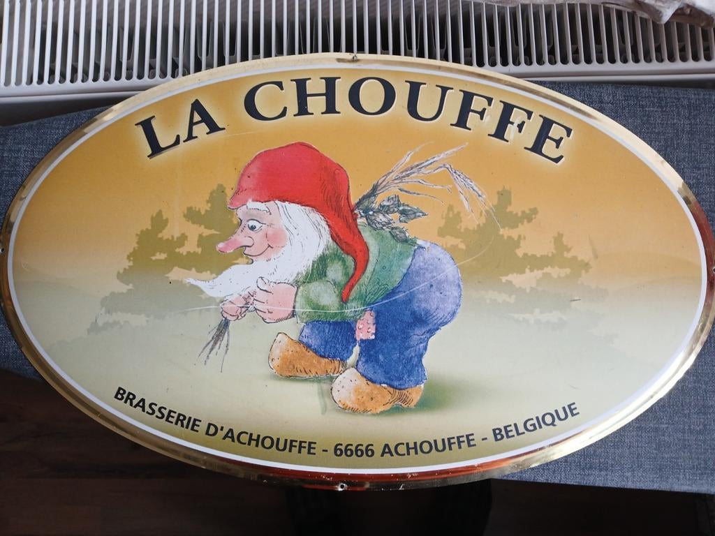 La chouffe blikken bier bordje, Ophalen of Verzenden, Gebruikt, Reclamebord, Plaat of Schild, Overige merken