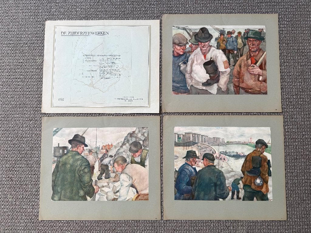 12 oude reproducties aquarellen van 'Zuiderzeewerken' (1932), Ophalen of Verzenden, Reproductie, Aquarel