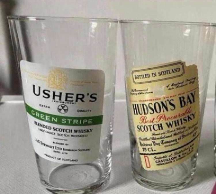 Usher’s blender scotch/Hudson’s bay scotch whisky glazen., Ophalen, Zo goed als nieuw, Borrel- of Shotglas