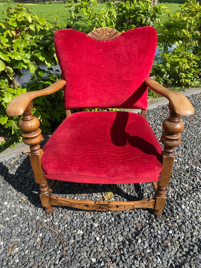 Antieke fauteuil met rode velours bekleding vintage, Ophalen of Verzenden