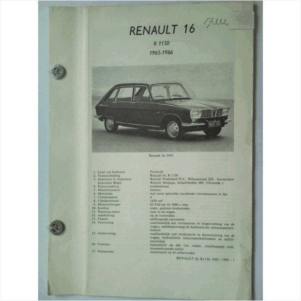 Renault 16 Vraagbaak losbladig 1965-1966 #2 Nederlands, Ophalen of Verzenden, Gelezen, Renault