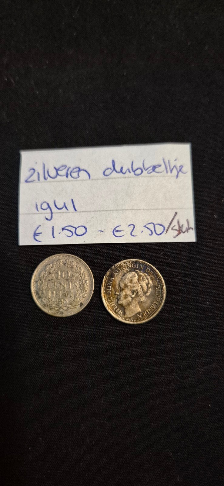 2 Zilveren Dubbeltjes 1941 - Koningin Wilhelmina, Postzegels en Munten, Munten | Nederland, Zilver, Ophalen of Verzenden, 10 cent