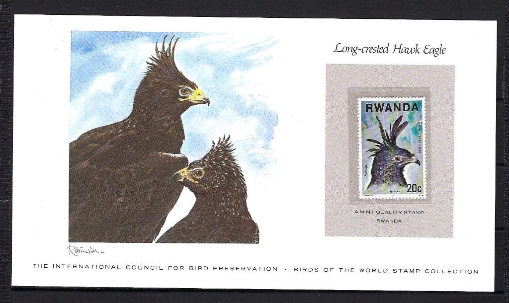 VOGELS kaart Rwanda Long-crestad Hawk Eagle (zegel XX), Ophalen of Verzenden, Postfris, Dier of Natuur