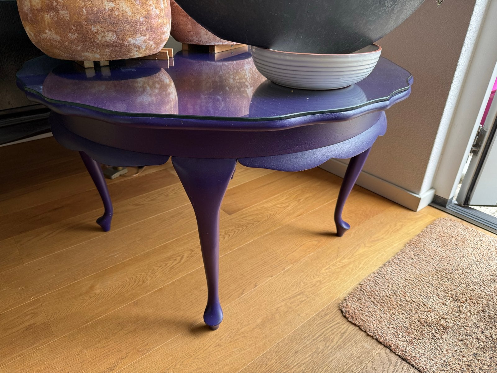 Queen Ann Stijl Salontafel - Paars met Glazen Blad, Ophalen, Gebruikt, 50 tot 100 cm, Glas