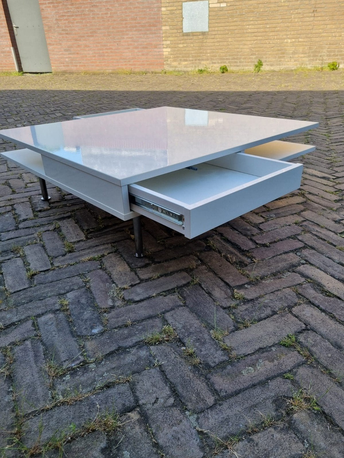 Glans witte salontafel met lades, Huis en Inrichting, Tafels | Salontafels, Ophalen, Overige materialen, Gebruikt, 50 tot 100 cm