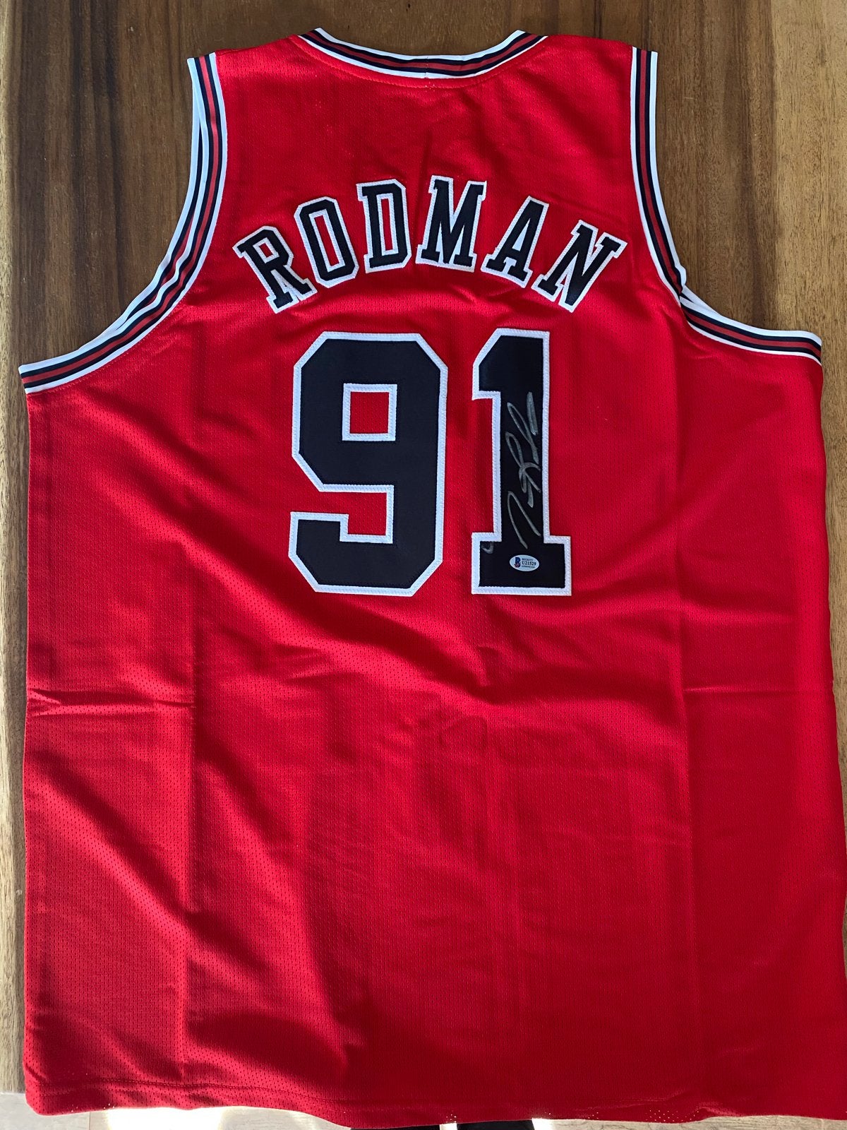 Gesigneerd Dennis Rodman Chicago Bulls NBA Jersey, Ophalen of Verzenden, Zo goed als nieuw, Rood, Maat 46/48 (XL) of groter