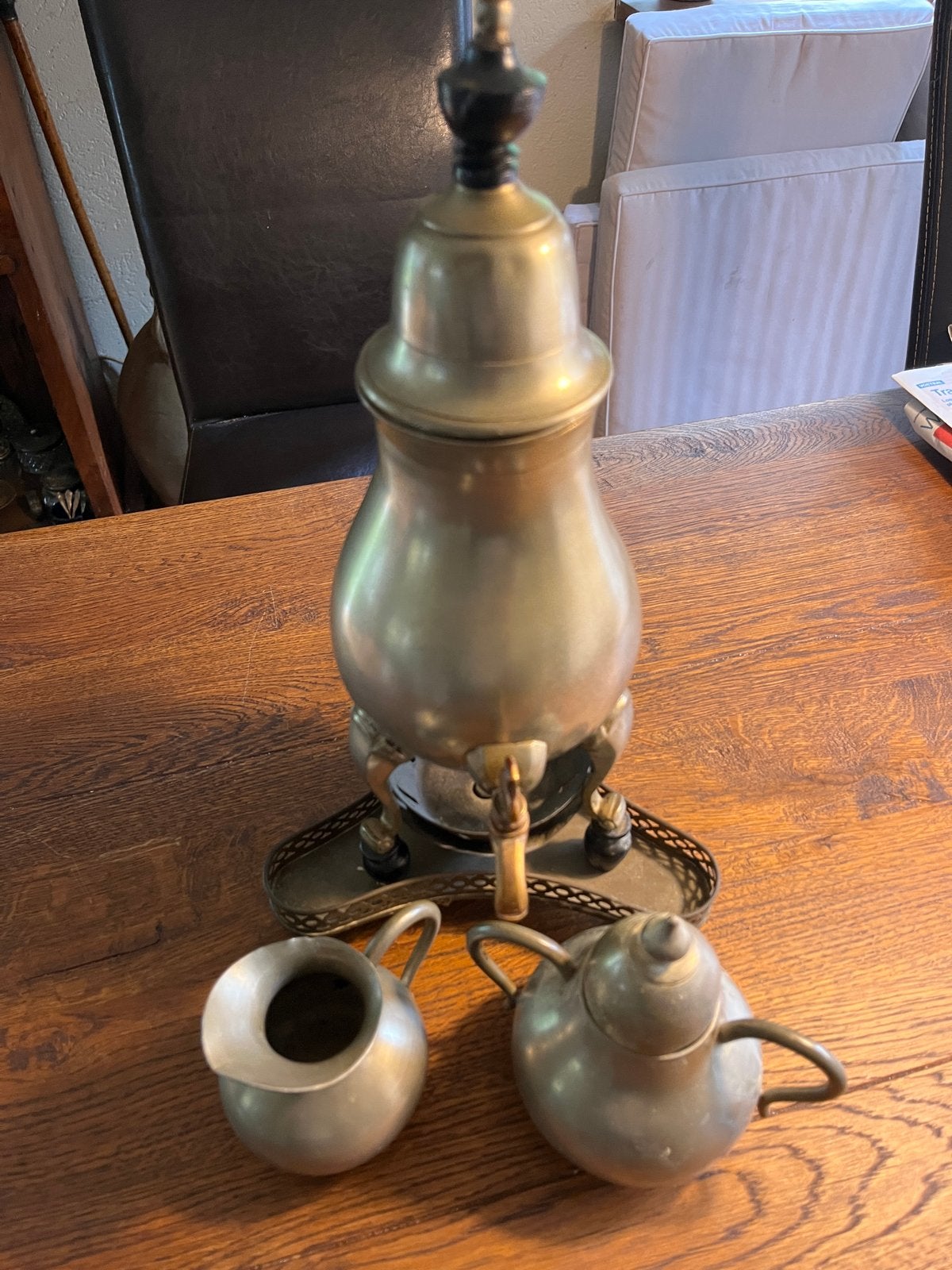 Antieke Tinnen Kraantjespot Koffiepot met Suikerpot en Melkk, Ophalen of Verzenden