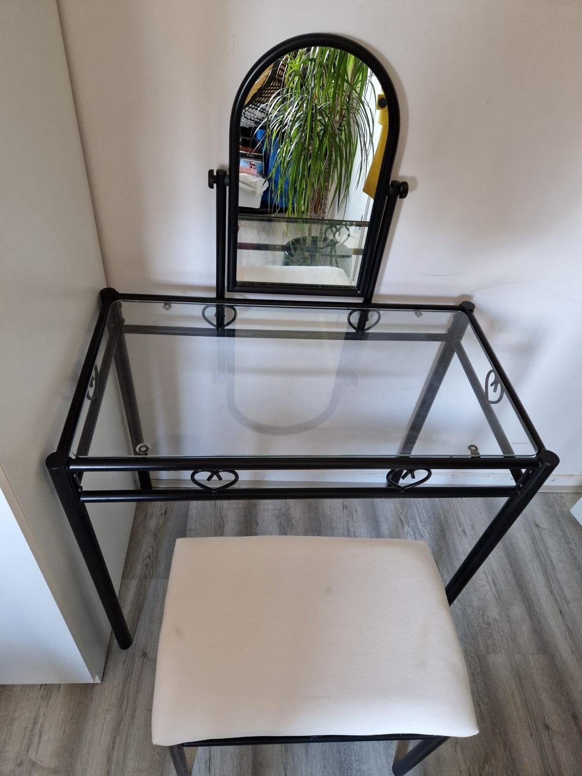 Make-up tafel met spiegel en hocker - Zwart/Glas kaptafel, Ophalen, Gebruikt, Metaal of Aluminium, 50 tot 100 cm