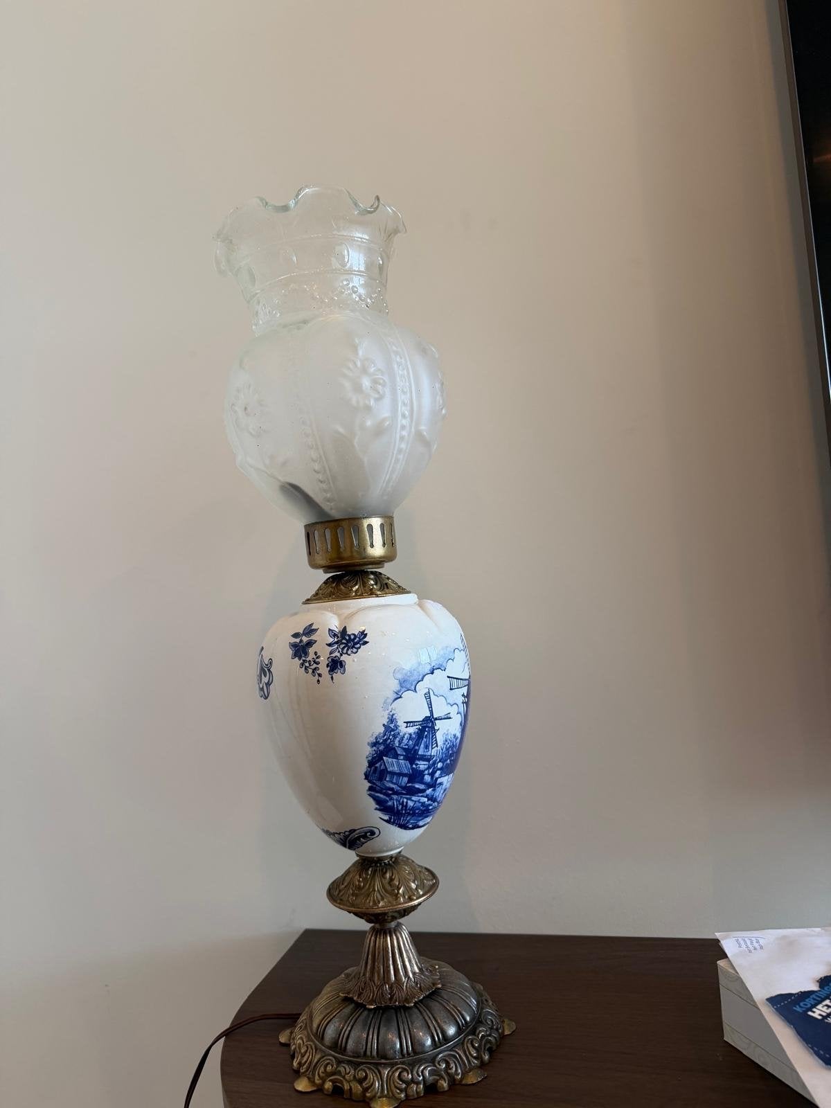 Antieke Delfts Blauwe Tafellamp met Molens, Ophalen